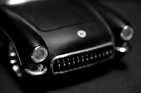 front end right side with grill of model corvette in black and white
