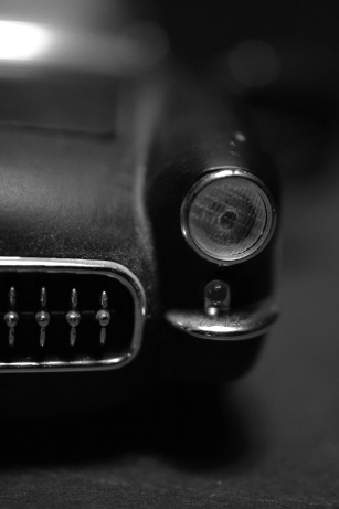 front end grill of model corvette in black and white